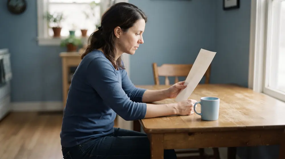 Independent small-business owner reading a printed price sheet at a kitchen table in morning light