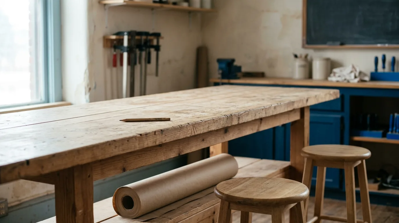 A plain timber workbench with two empty stools drawn up to it in soft daylight