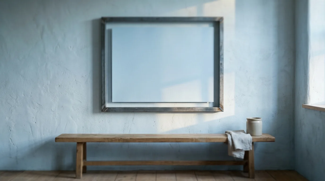 A blank pale panel mounted on a plain plaster wall with a bare steel frame around it