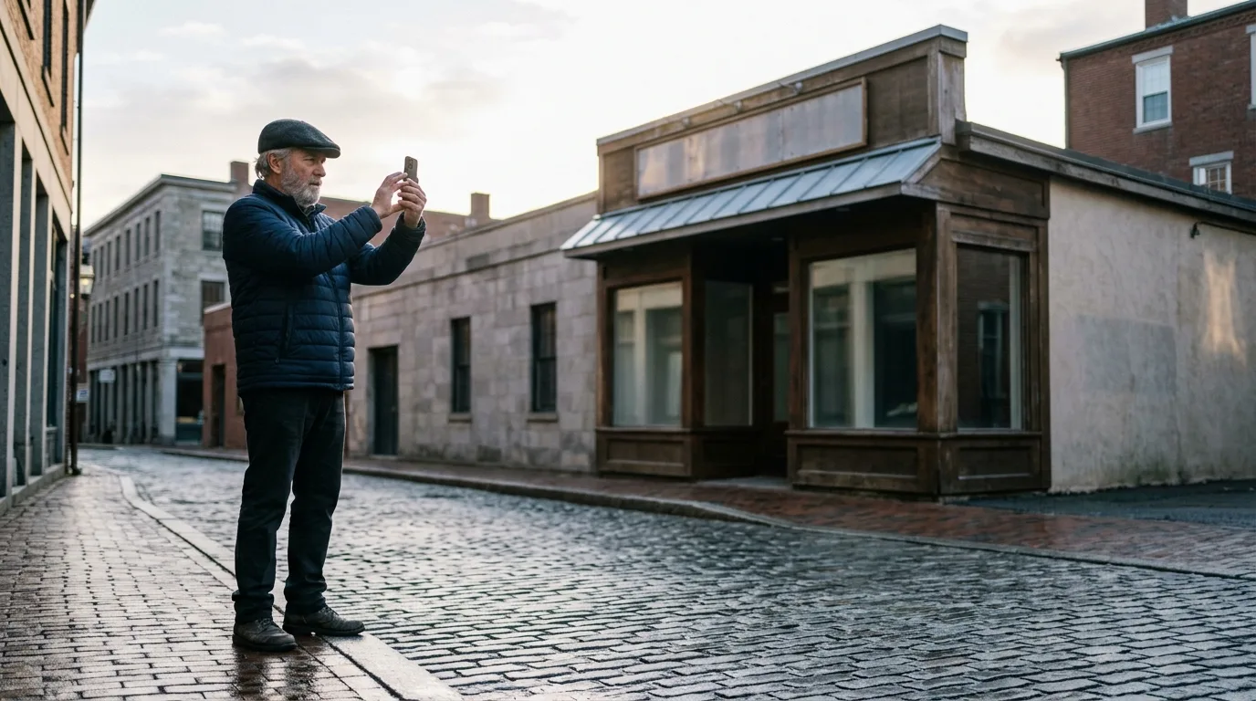 Independent shop owner photographing his own frontage with a plain phone from the kerb