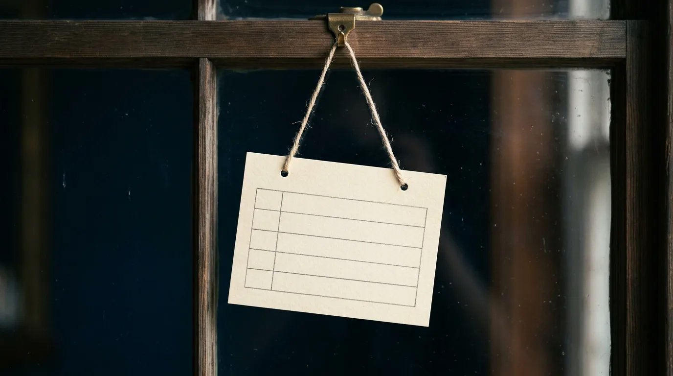A plain card hanging inside a shop window with a hand-ruled empty grid on it