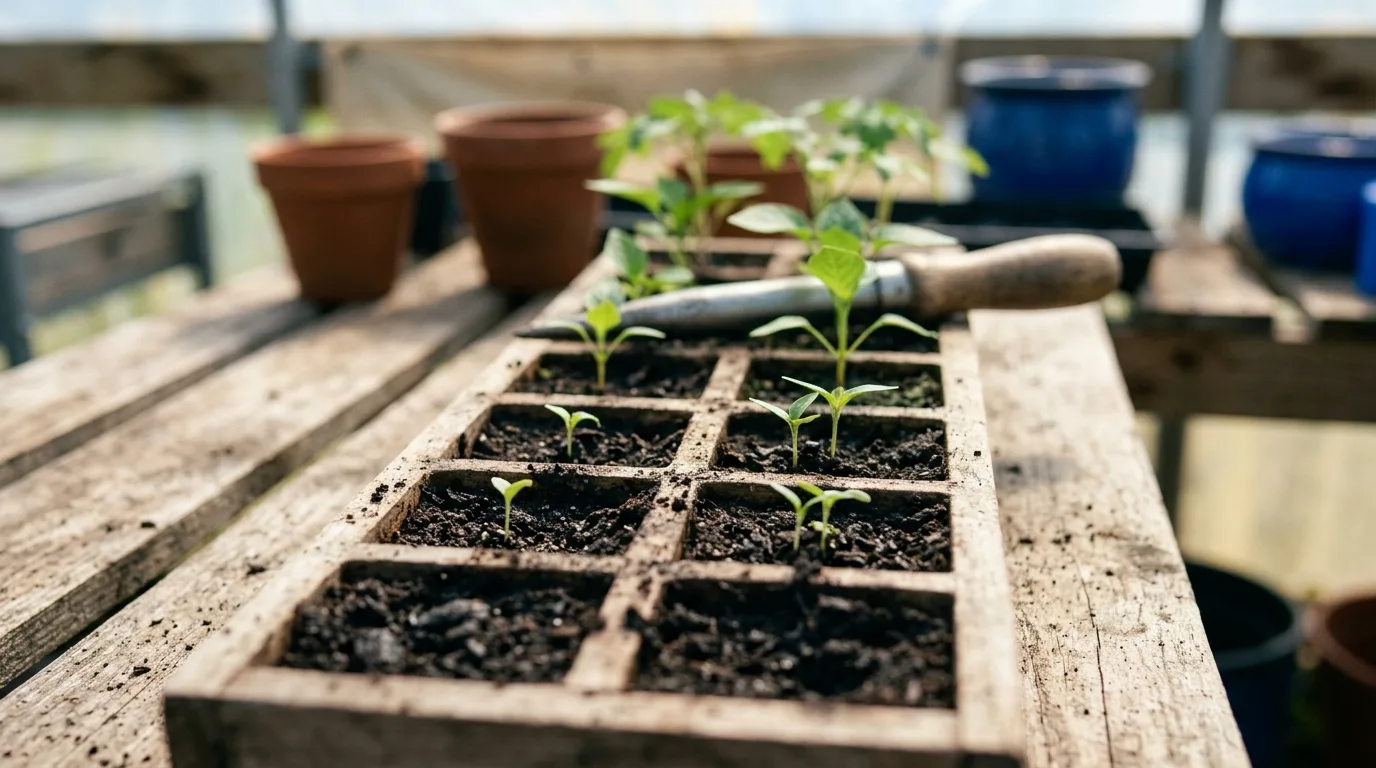 A seed tray whose cells hold seedlings at visibly different stages of growth