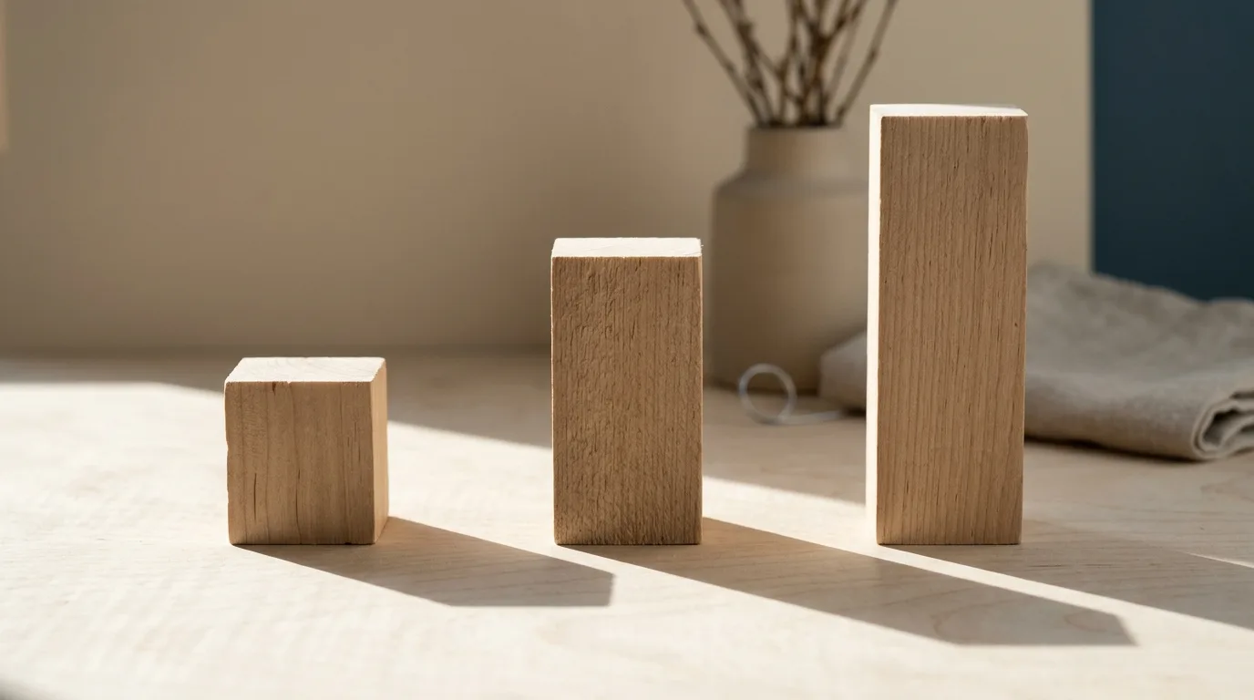 Three plain timber blocks of different heights standing in a row on a pale surface