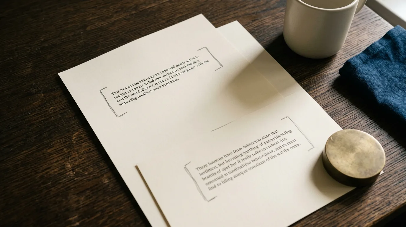 Two printed sheets on a desk with the same short paragraph bracketed on each
