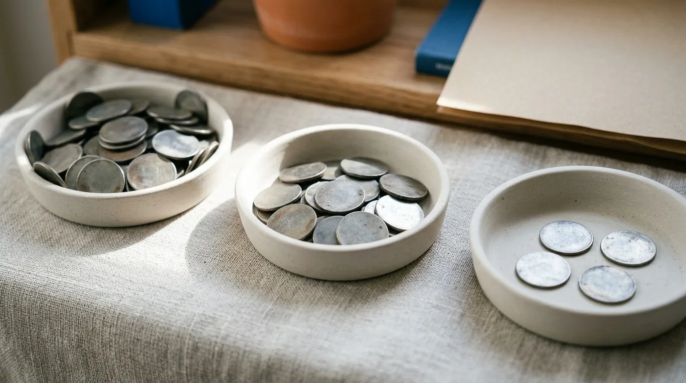 Three bare ceramic dishes holding unequal quantities of plain metal discs