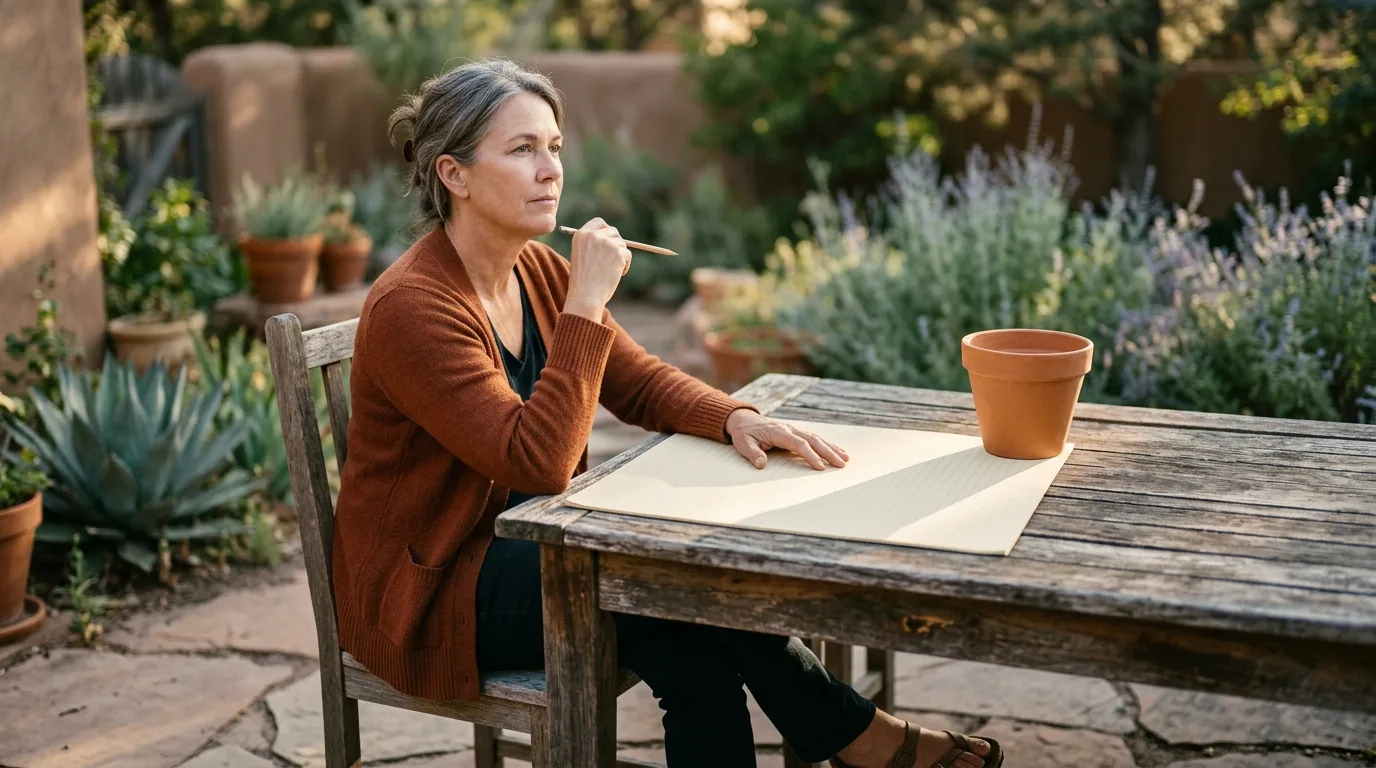 Business owner planning on paper at an outdoor table in late afternoon light