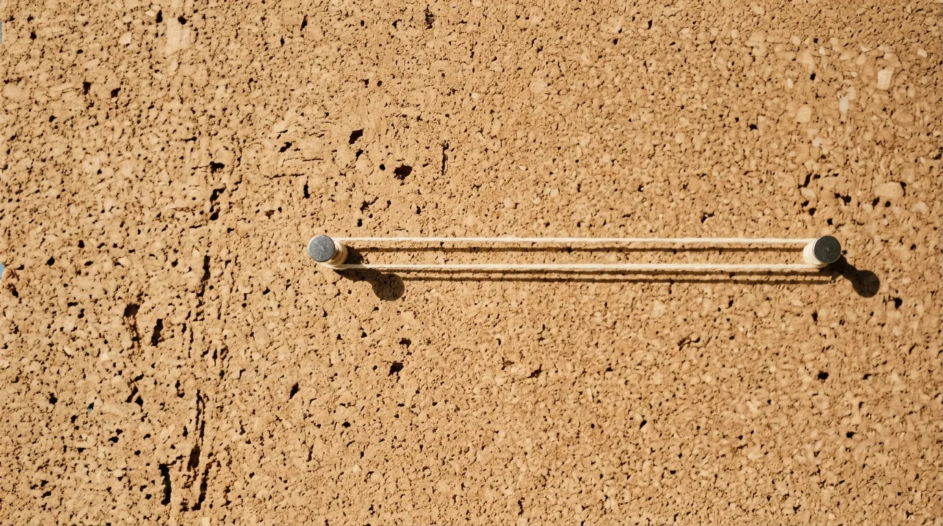 Two plain steel pins in a cork board joined by a single taut cotton thread