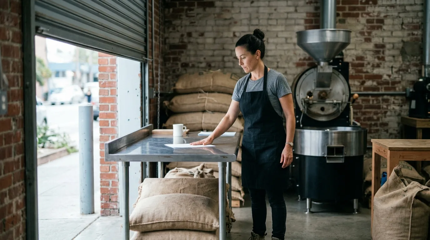 Independent operator pushing a printed sheet back across a bench, palm flat