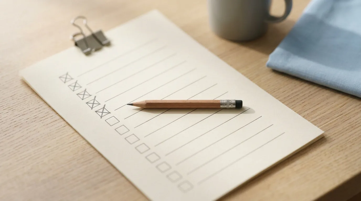 A printed checklist on a desk with the first several boxes marked in pencil