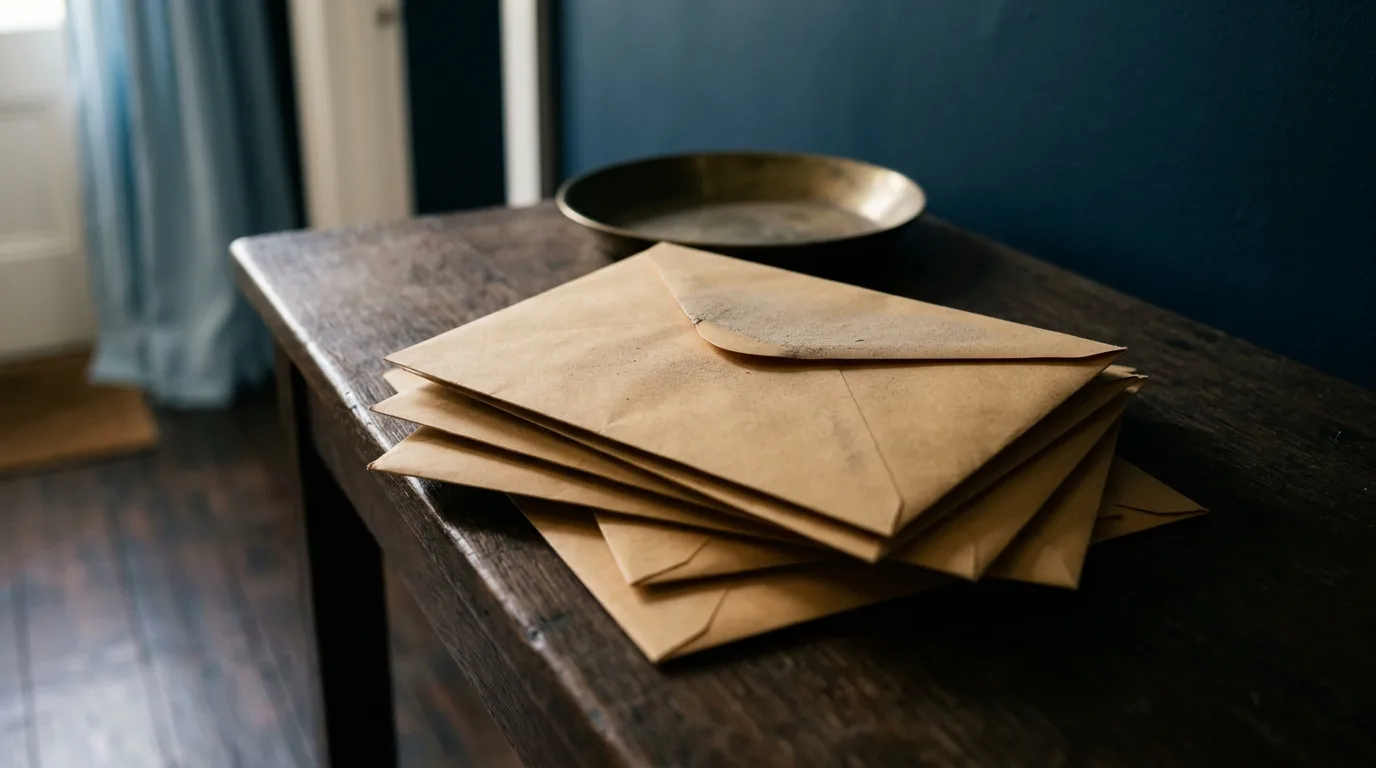 A short stack of unopened plain envelopes on a hall table, gathering a faint layer of dust