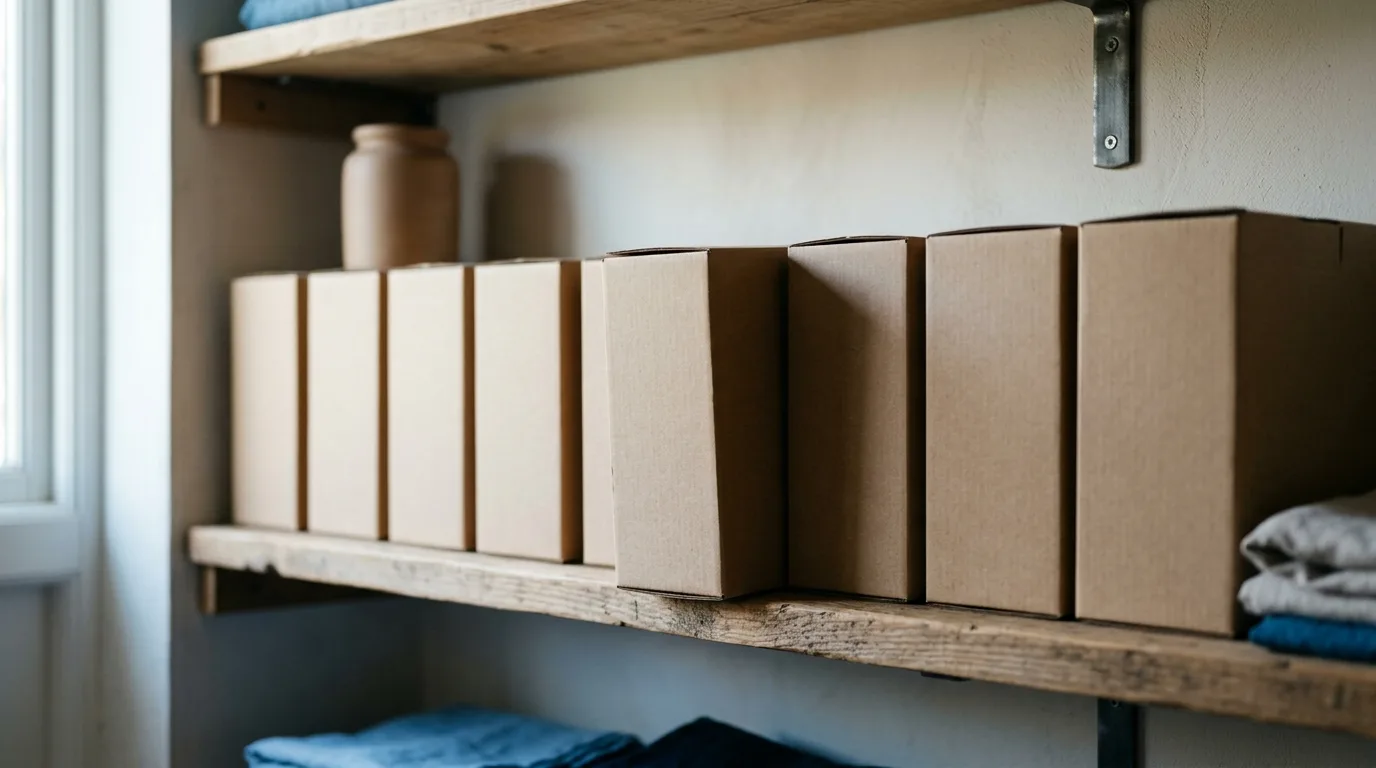 A row of identical plain card boxes on a bare timber shelf, one pulled forward