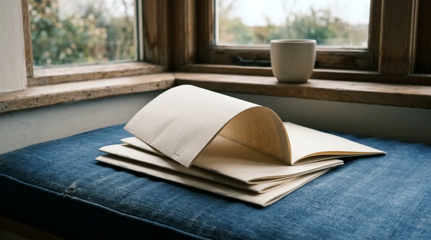 A short stack of plain printed articles on a window seat cushion in low daylight