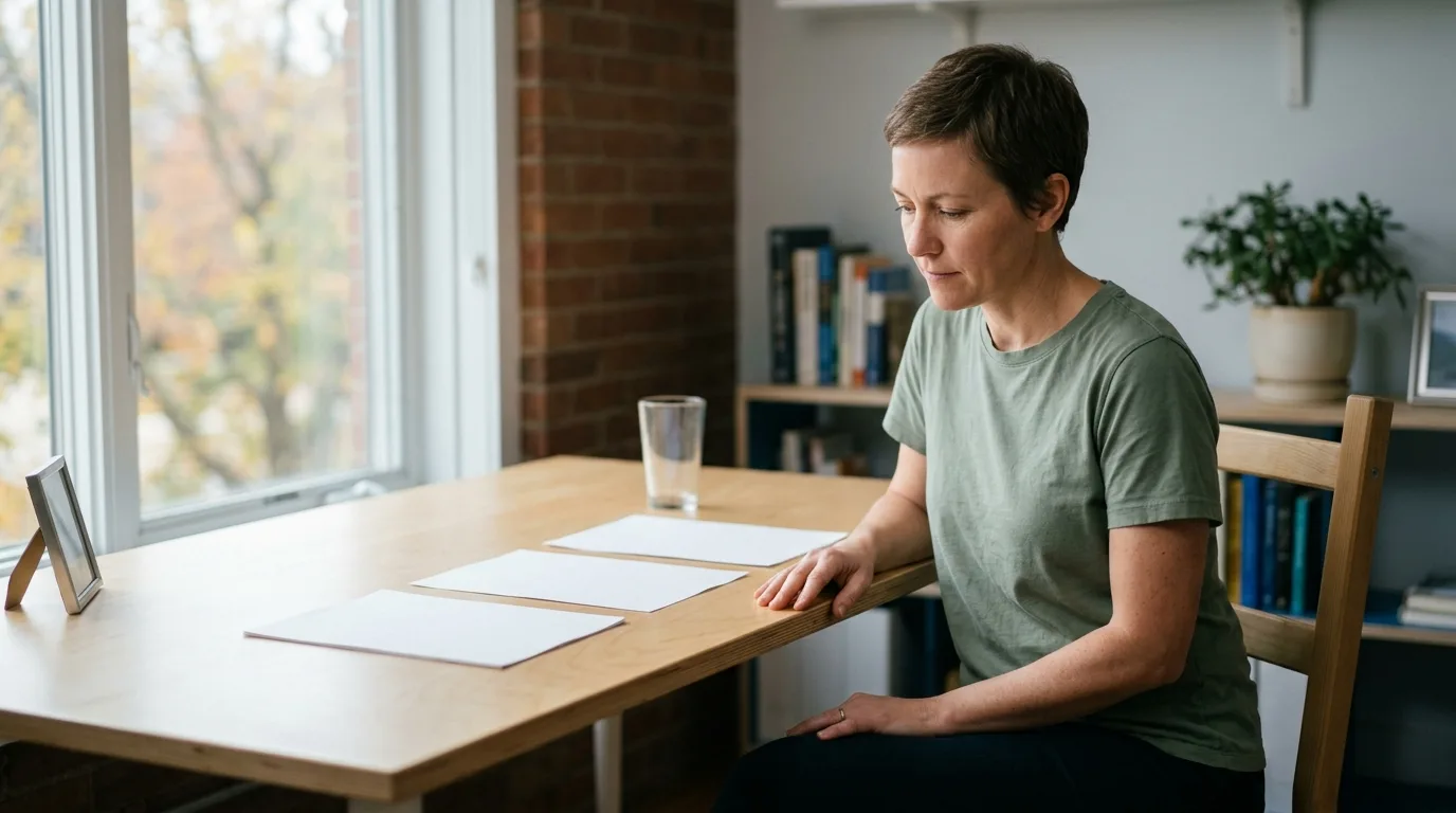 Business owner sitting back from a desk with three printed sheets laid in front of her