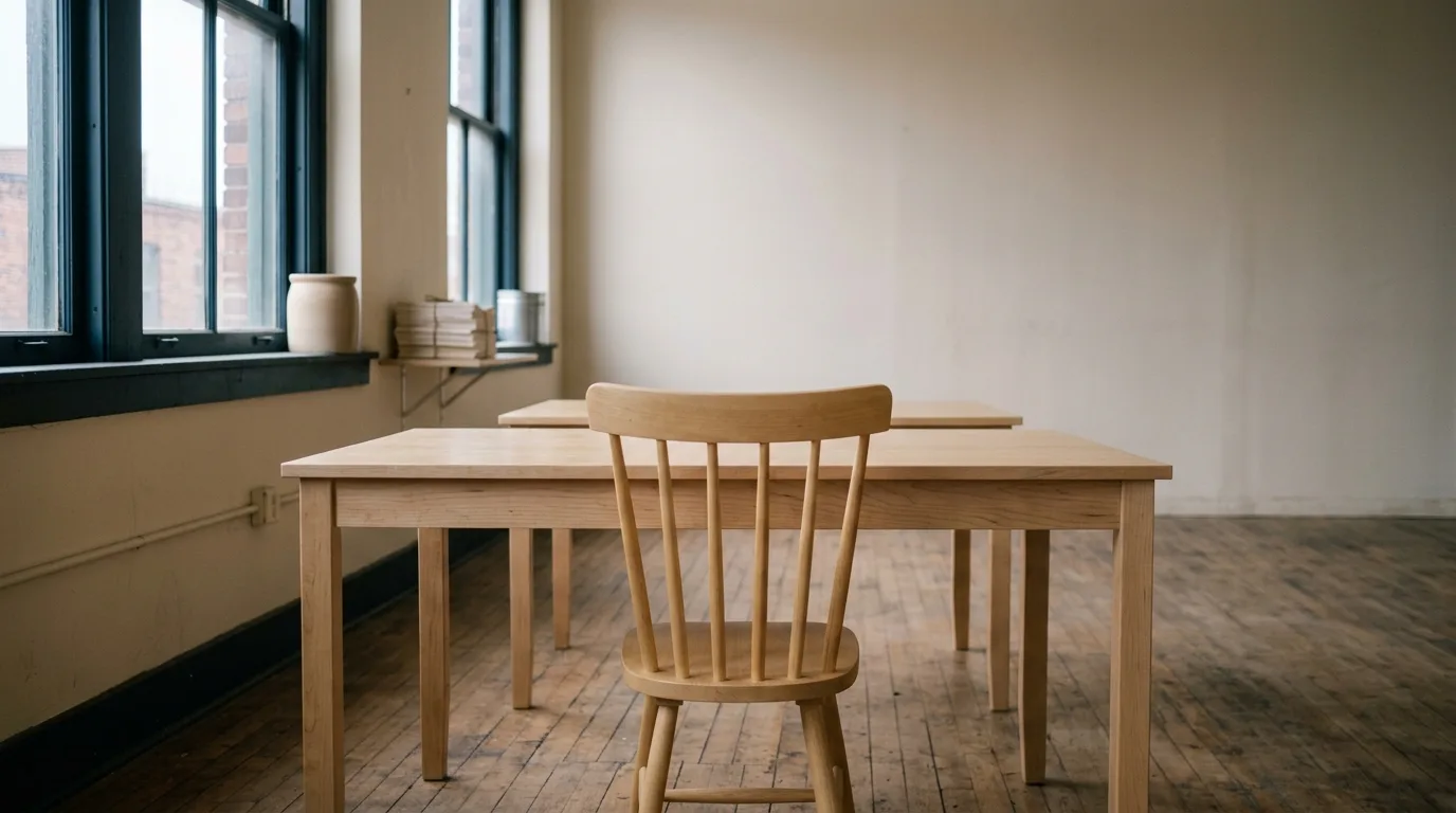 Two empty desks facing each other in a plain daylit room