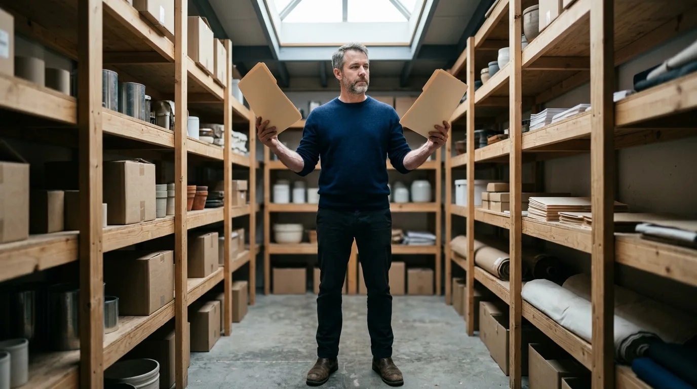 Independent operator holding one plain folder in each hand, weighing them against each other