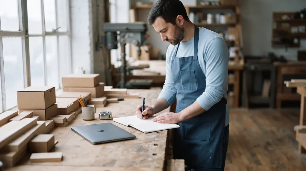 Independent small-business owner writing a short brief in a plain notebook beside a laptop