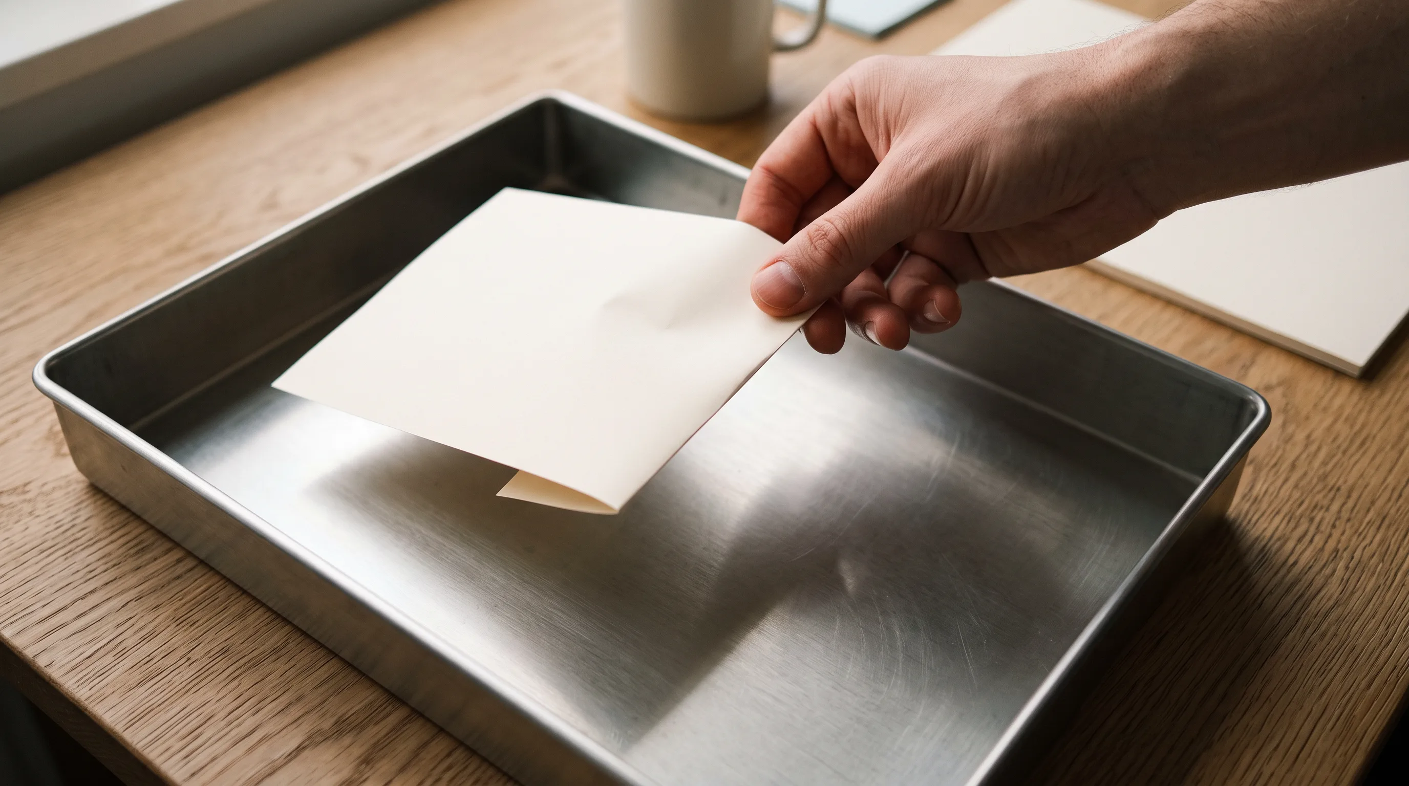 A hand lowering a single folded sheet of plain paper into a bare steel tray