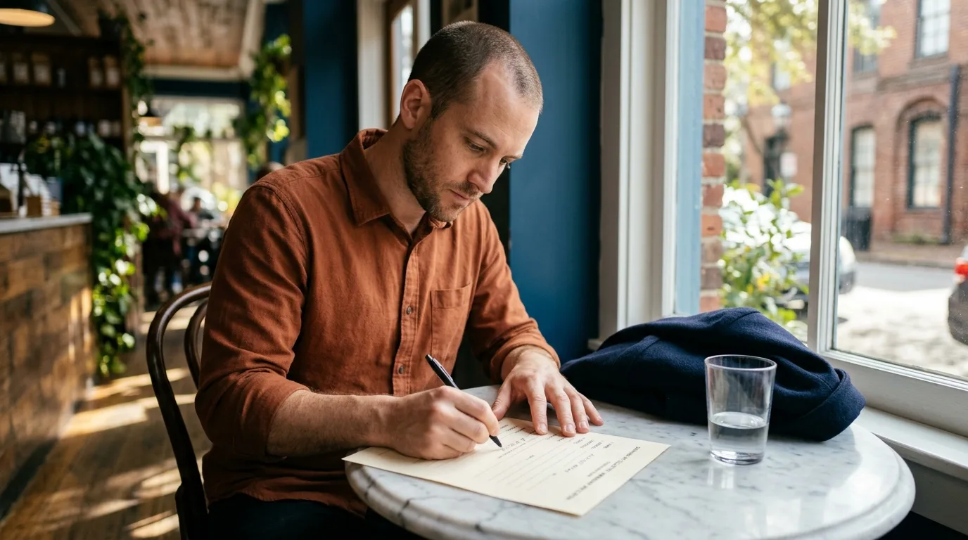 Business owner filling in a short printed form at a cafe table