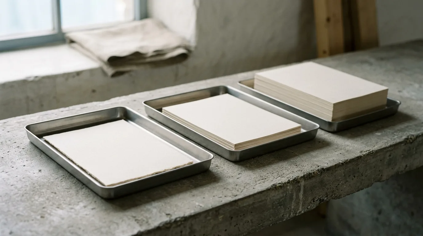 Three shallow steel trays in a row holding progressively fuller stacks of plain paper