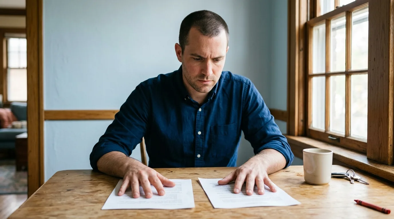 Business owner comparing two printed quotes for seo package pricing at a kitchen table