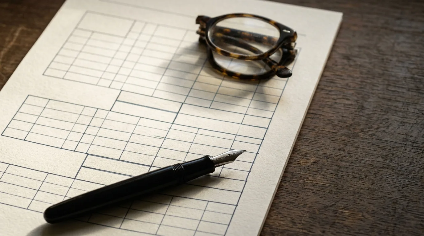 Close-up of a printed pricing table with a fountain pen and reading glasses in side light