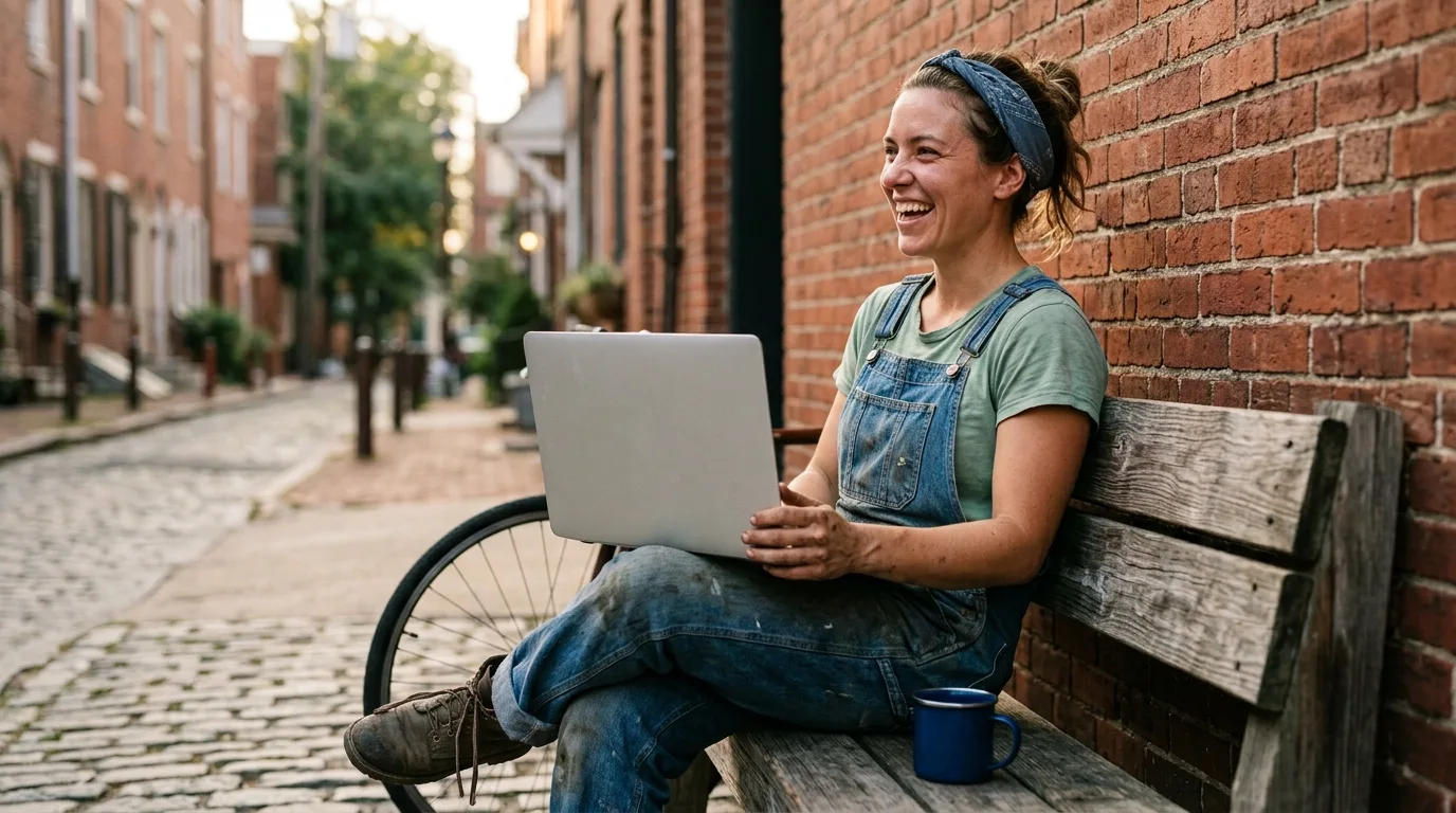 Bicycle workshop owner working on a laptop on a bench outside a brick building