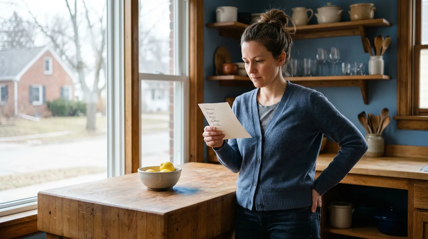 Small-business owner reading a short printed list at a kitchen counter early in the day