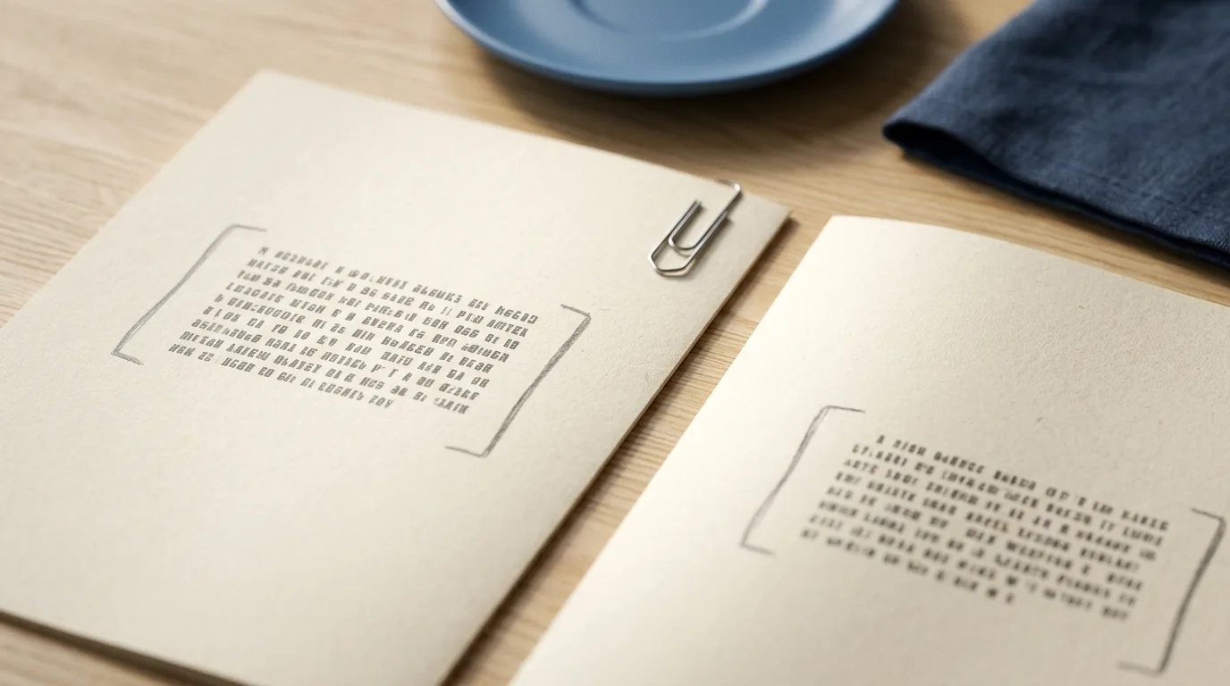 Two printed pages side by side, the same short block on each bracketed in pencil