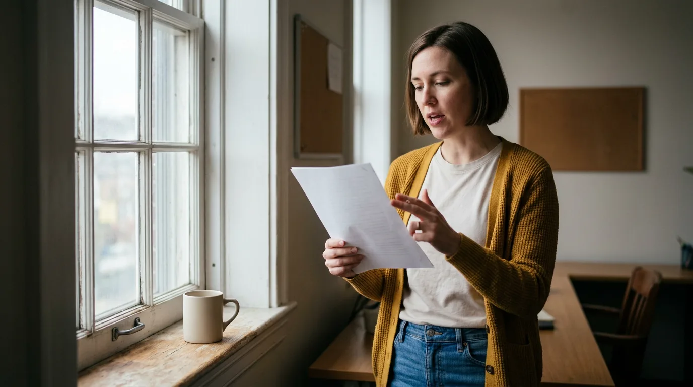 Business owner reading a printed article draft aloud beside a window