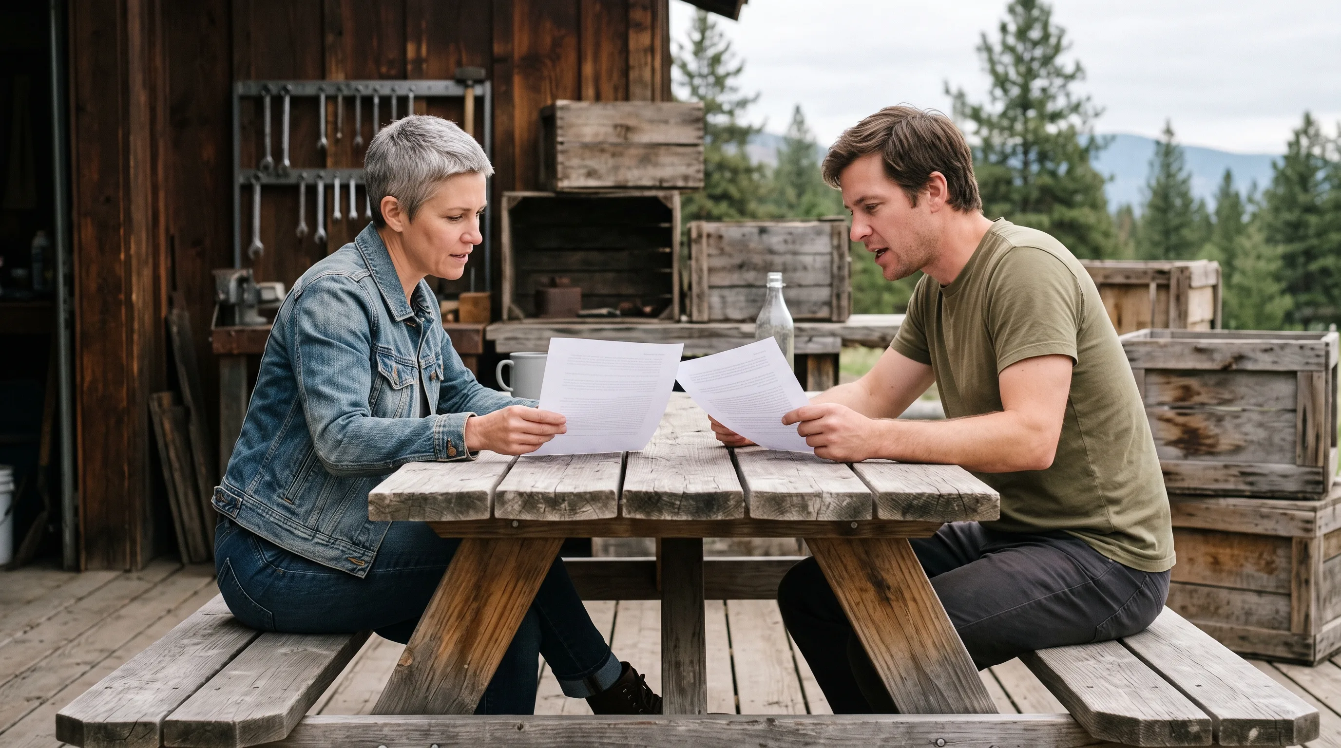 Two independent operators comparing printed notes across an outdoor table
