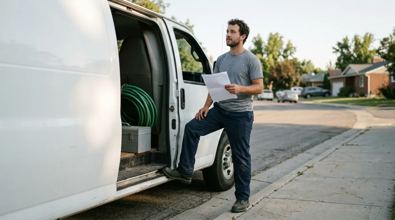 Service technician checking a printed route sheet beside a plain van at the kerb