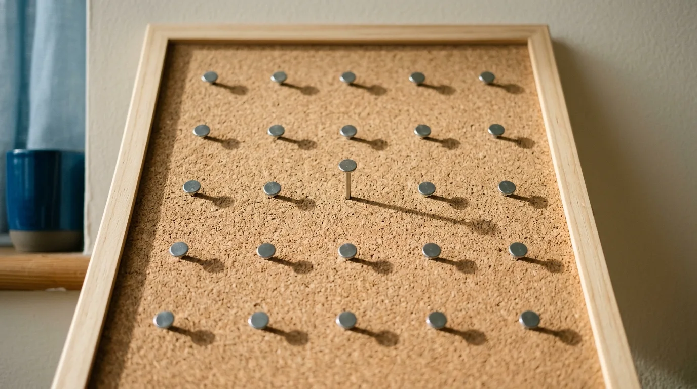A regular grid of plain steel pins pushed into a cork board, one pin standing proud
