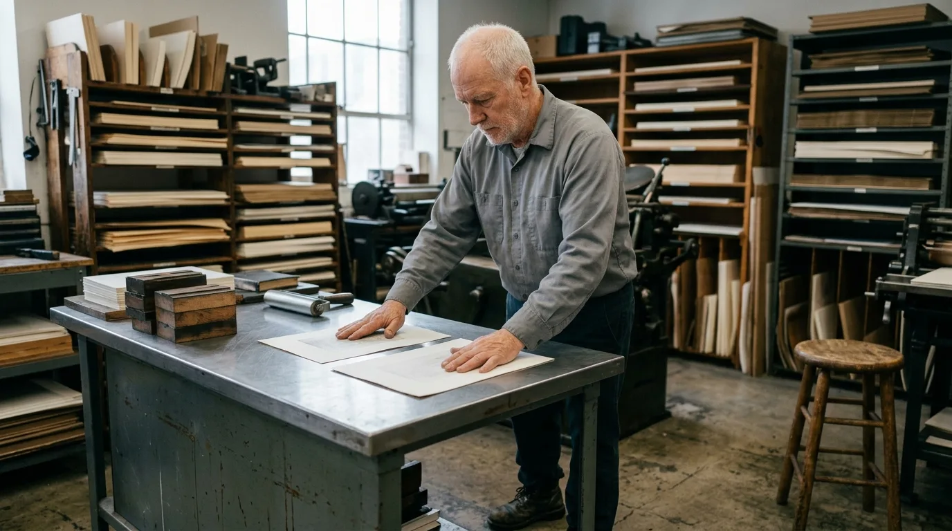 Independent operator laying two printed result sheets side by side on a steel counter