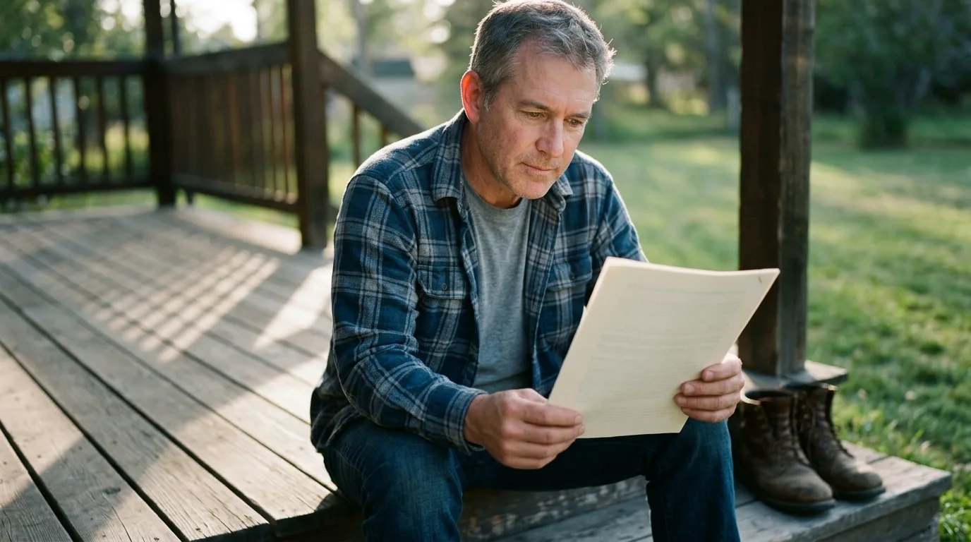 Small-business owner reading a printed ranking report on a porch step in afternoon light