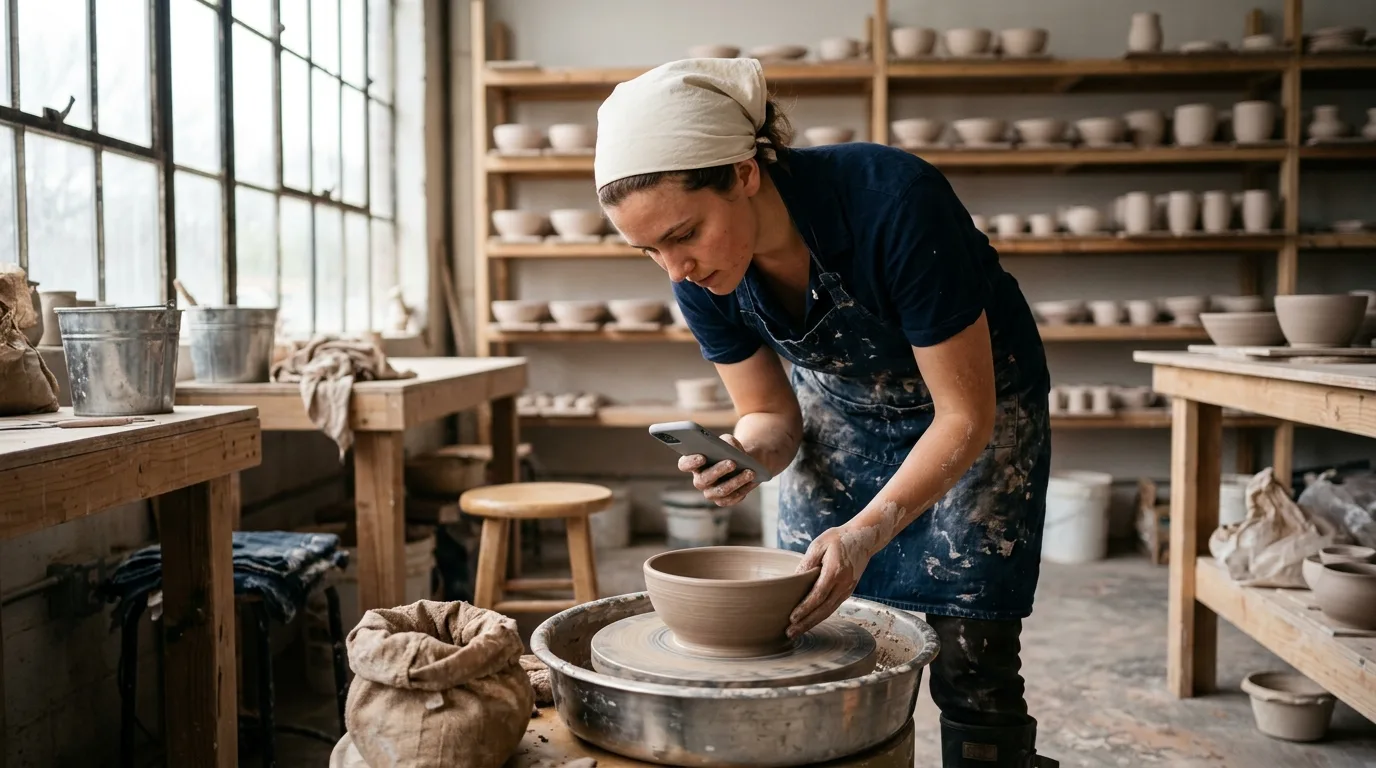 Ceramicist photographing a work in progress with a plain phone in a daylit studio
