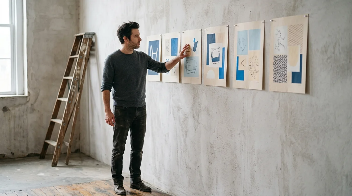 Business owner walking along a row of printed page layouts pinned to a studio wall