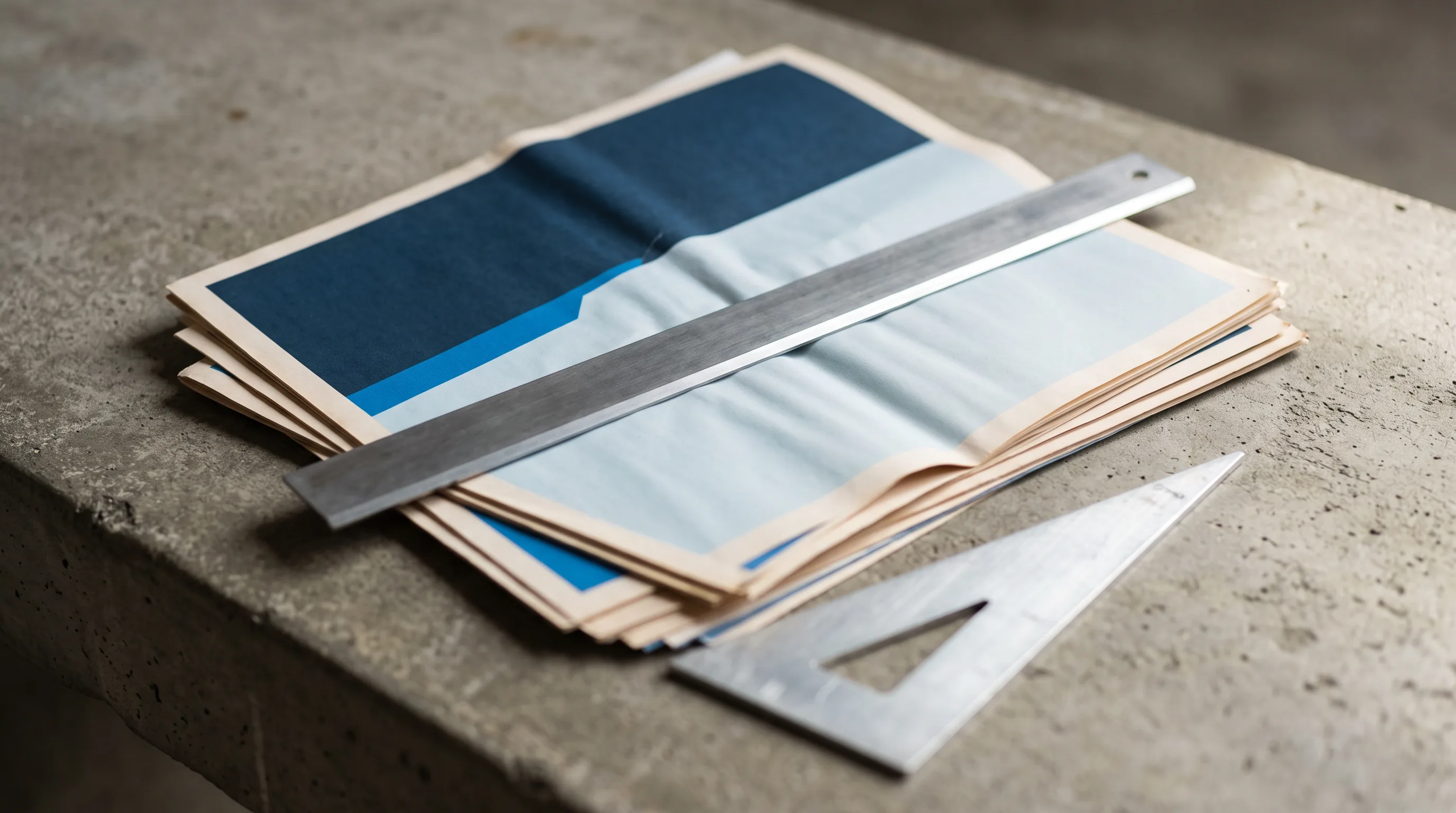 Folded page layout sheets stacked with a steel rule laid across the top