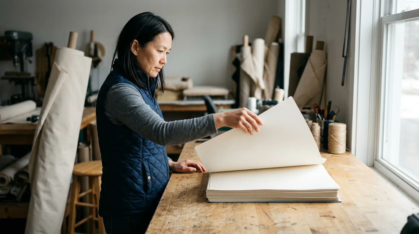 Independent operator holding one service sheet apart from a stack of others on a workbench