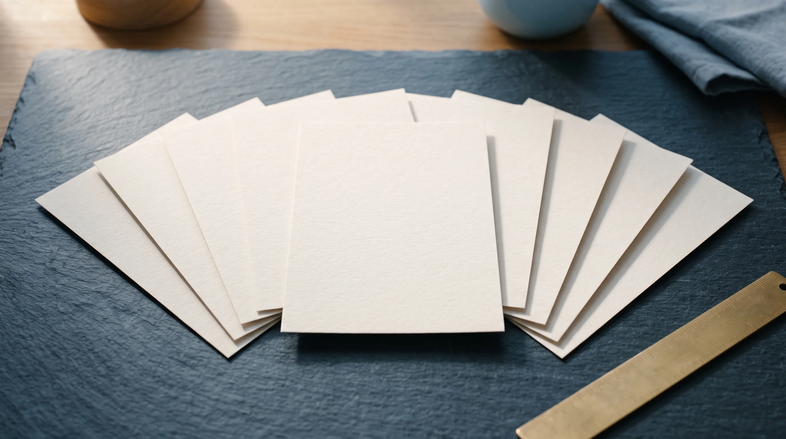 Eight plain printed sheets fanned in an arc across a slate surface in raking light