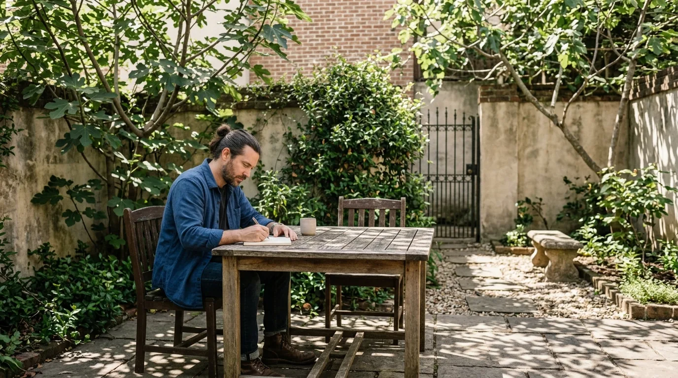 Writer drafting longhand in a plain notebook at an outdoor table